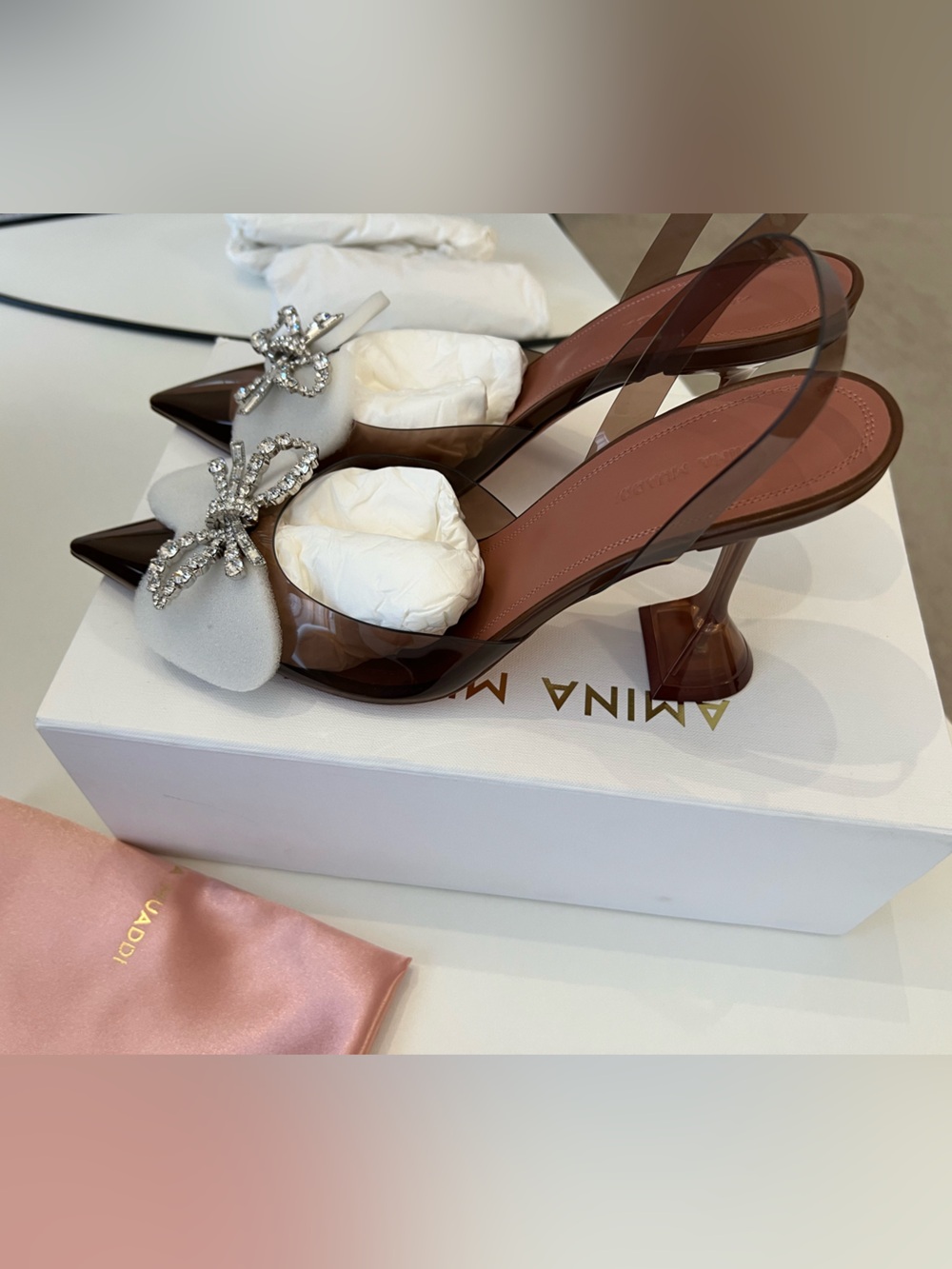 Amina Muaddi Rosie Glass Slingback 95MM CL Plexi Heel PVC Mocha - Size 41